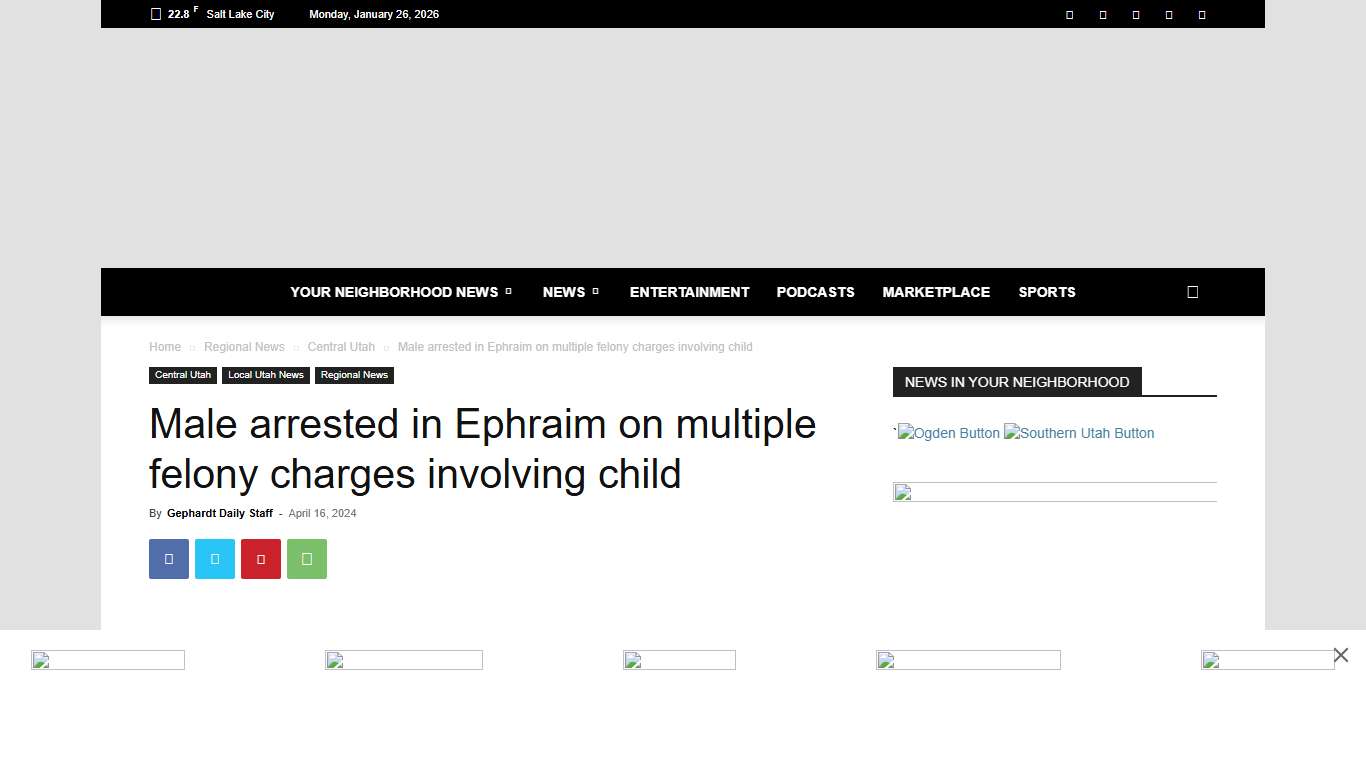 Male arrested in Ephraim on multiple felony charges involving child Gephardt Daily
